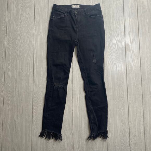 Free People Womens Denim Great Heights Black Frayed Raw Hem Skinny Jeans Size 26 - Picture 1 of 11